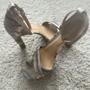 Michael Kors gray and white snake print ankle strap platform heels